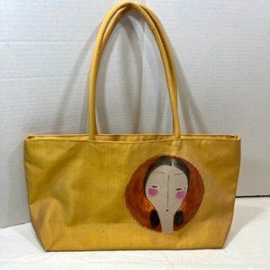 Handmade Gold Silk Fabric Hand Painted Girl Handbag 12x3.25x8"